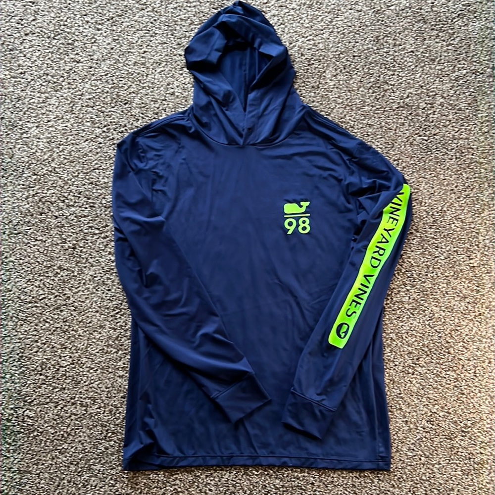 Mens Vineyard Vines Performance 98 Dri-Fit Hooded Sweat Shirt SZ Small Blue/Neon